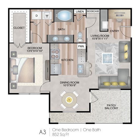 Floor plan for 1 bed, 1 bath, 852 sqft